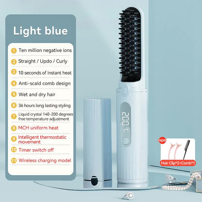 NNEDSZ Cordless Hair Straightener Brush with Adjustable Temperature - Blue-0