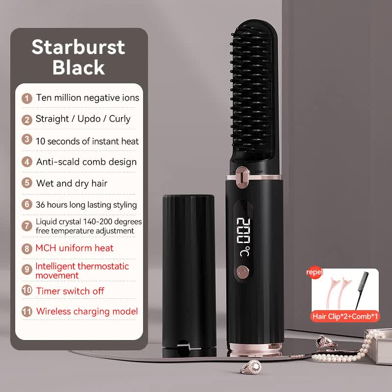 NNEDSZ Cordless Hair Straightener Brush with Adjustable Temperature - Black